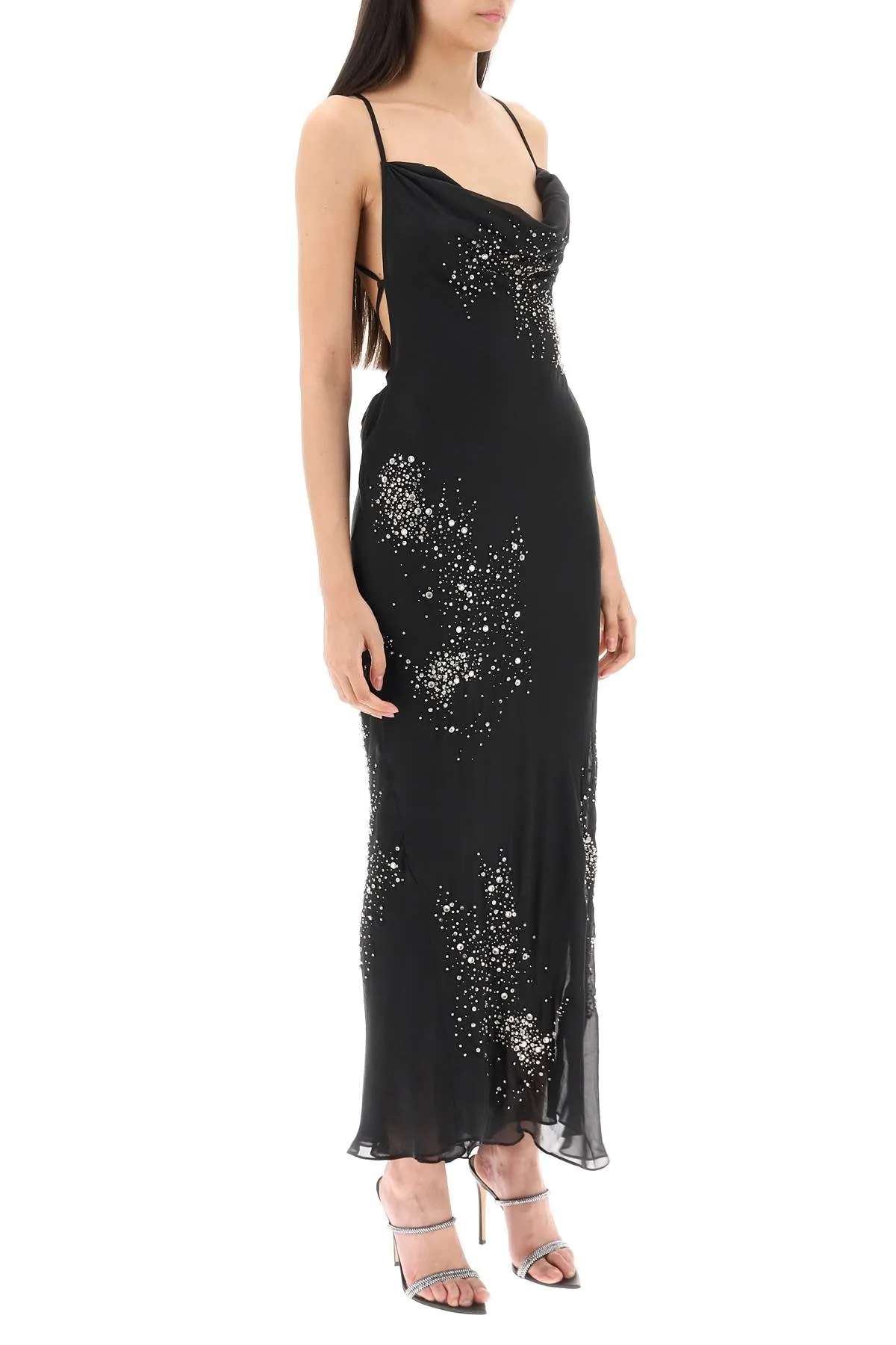 Des phemmes silk chiffon maxi dress with crystal appliques