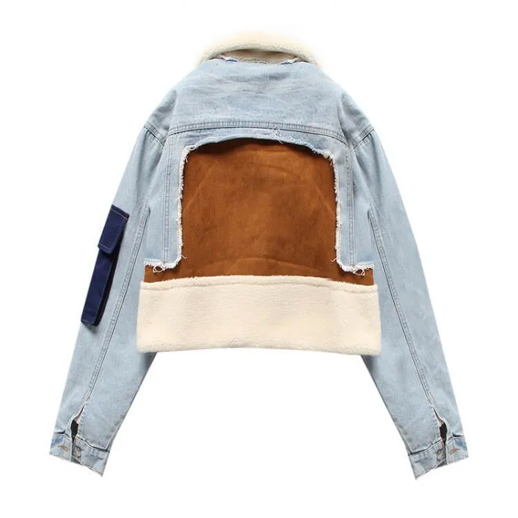 Designer Patchwork Denim Fur Cropped Jacket