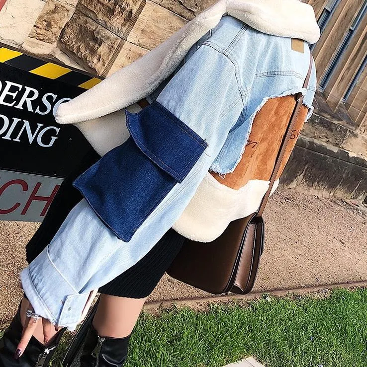 Designer Patchwork Denim Fur Cropped Jacket