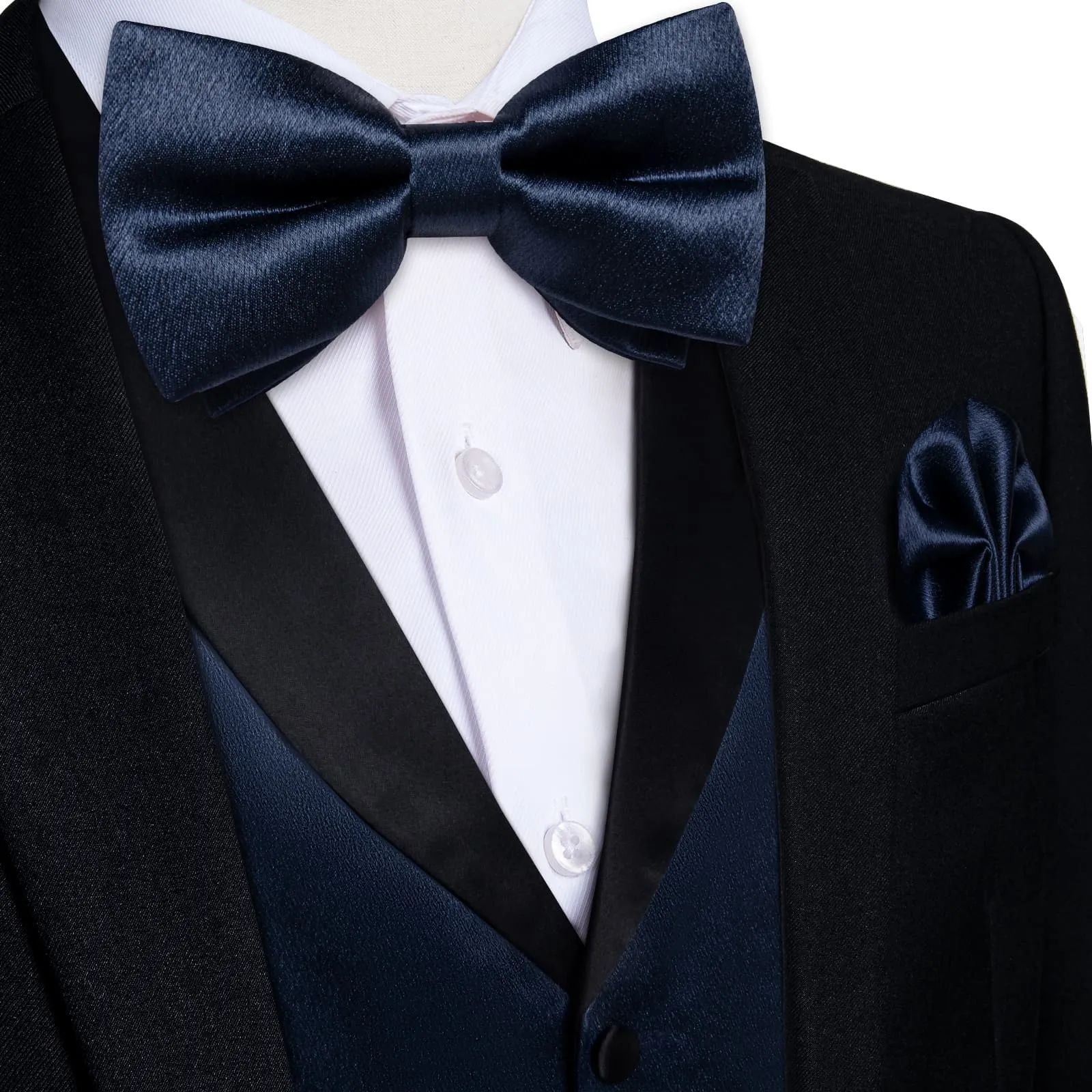 DiBanGu Tuxedo Vest Deep Blue Solid Silk Mens Button Up Dress Shawl Collar Vest and Bow Tie Set