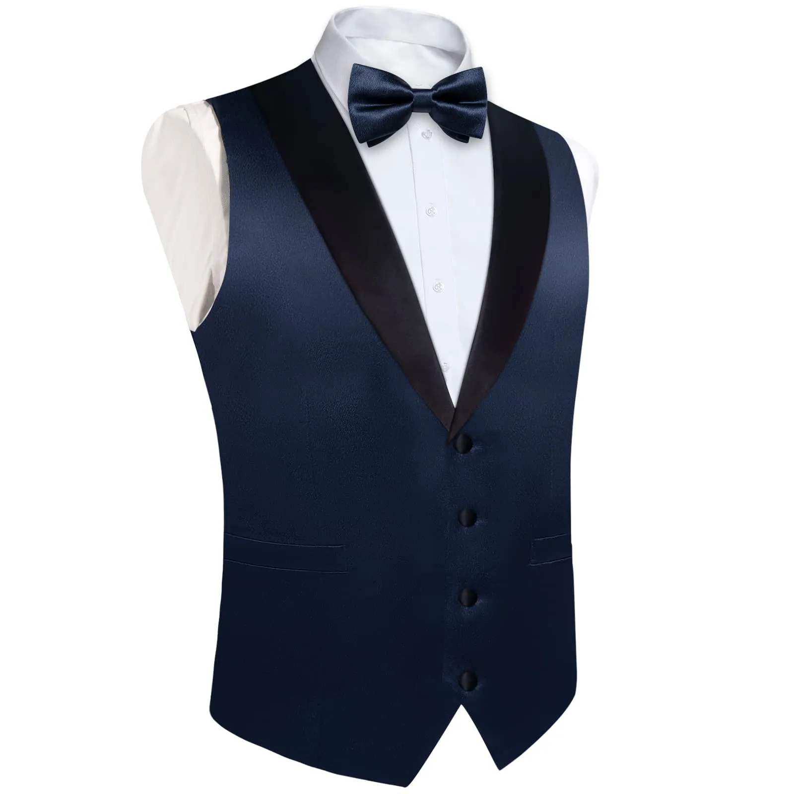 DiBanGu Tuxedo Vest Deep Blue Solid Silk Mens Button Up Dress Shawl Collar Vest and Bow Tie Set