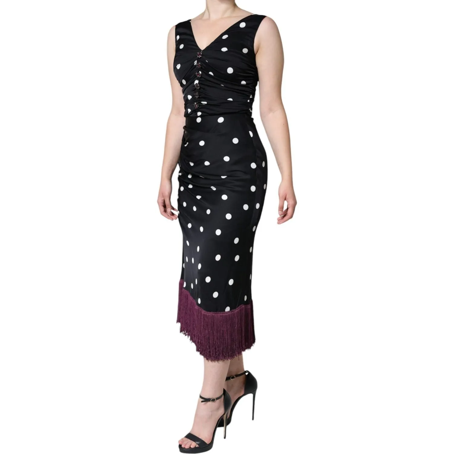 Dolce & Gabbana Black Silk Polka Dot Vneck Tassel Midi Dress