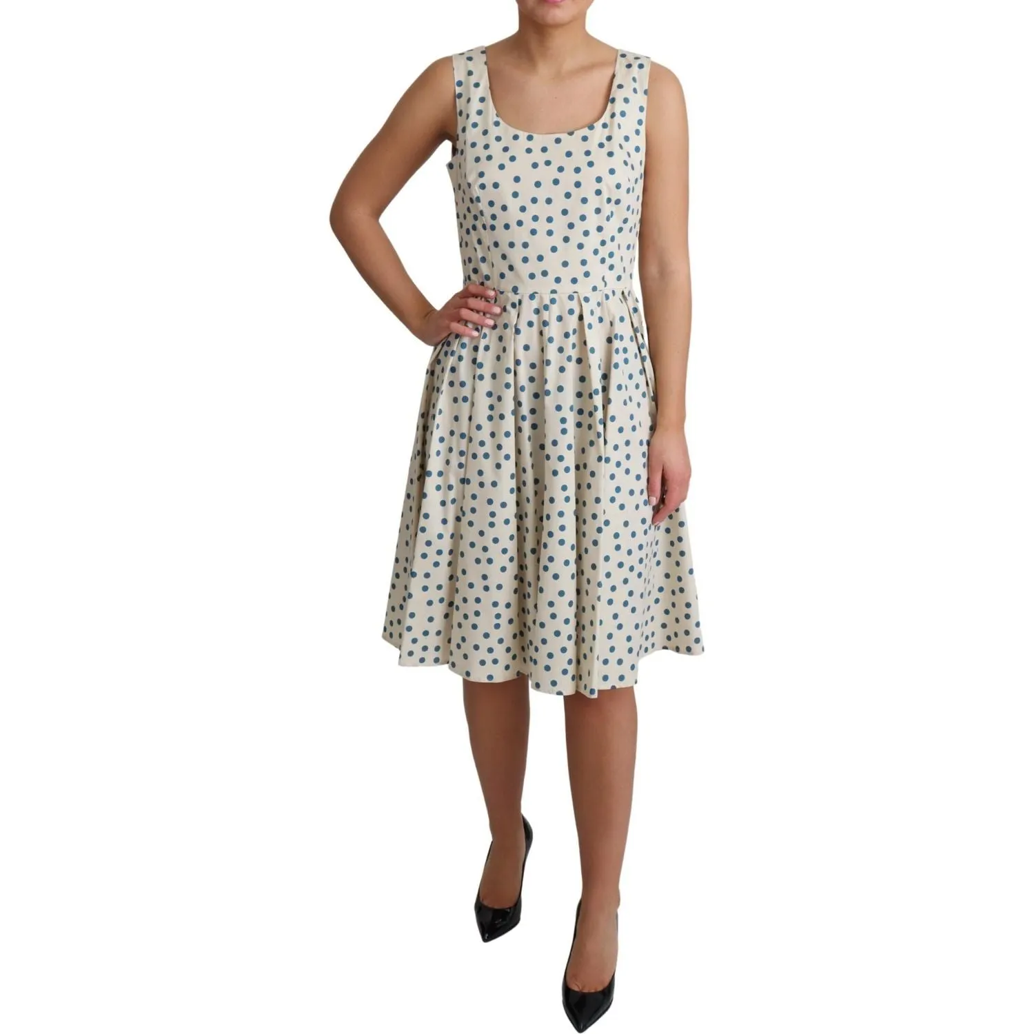 Dolce & Gabbana Elegant Beige Polka Dot A-Line Sleeveless Dress