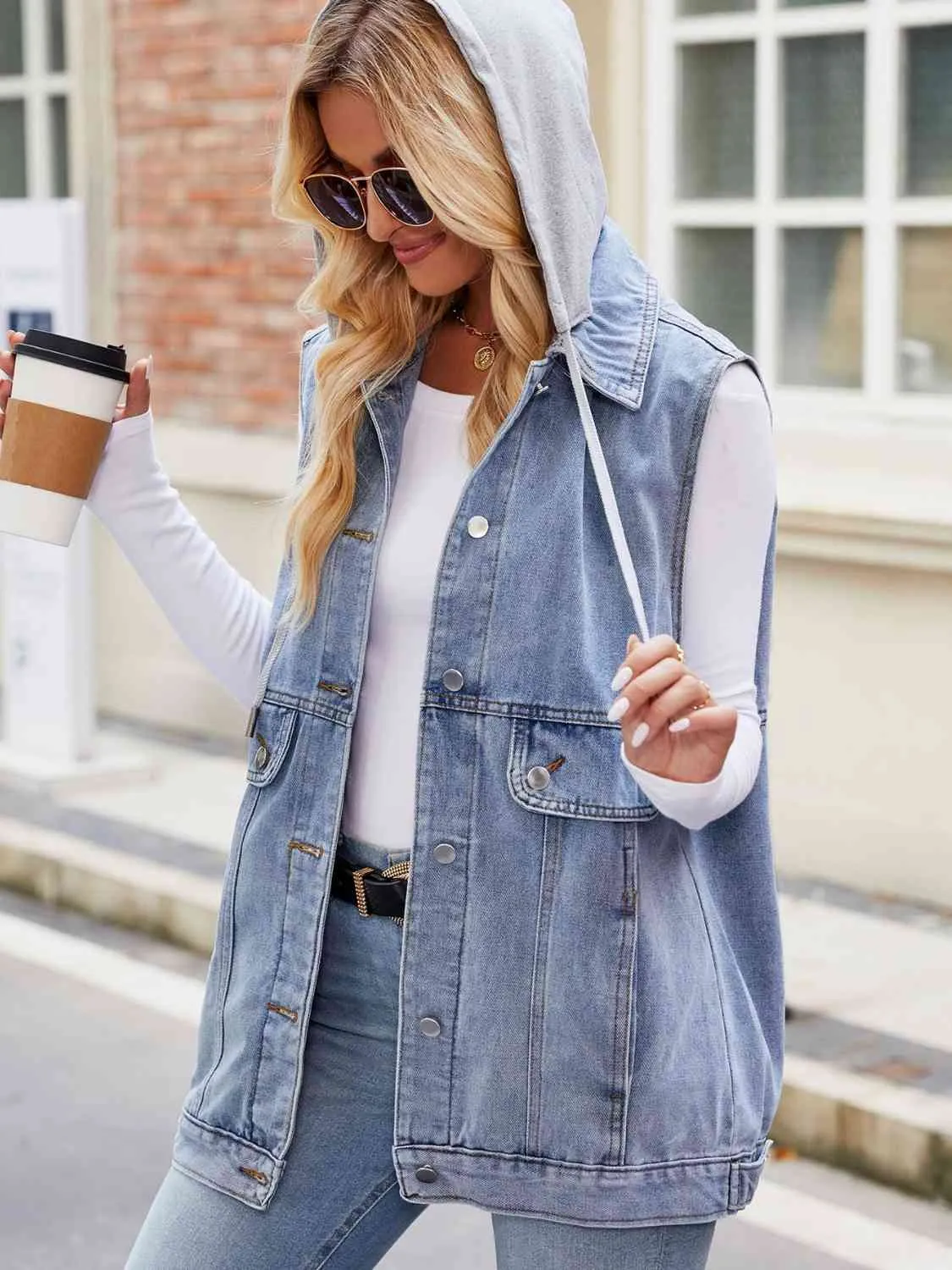 Drawstring Hooded Sleeveless Denim Vest