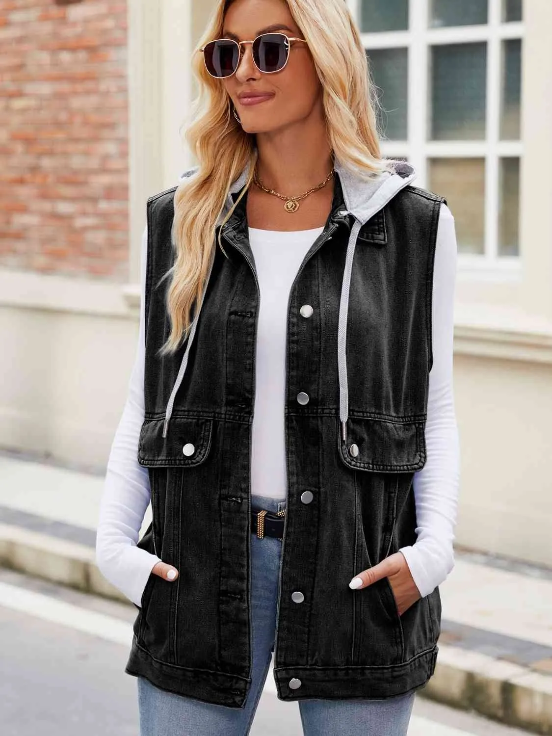 Drawstring Hooded Sleeveless Denim Vest