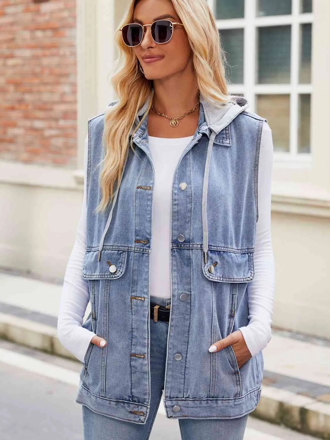 Drawstring Hooded Sleeveless Denim Vest