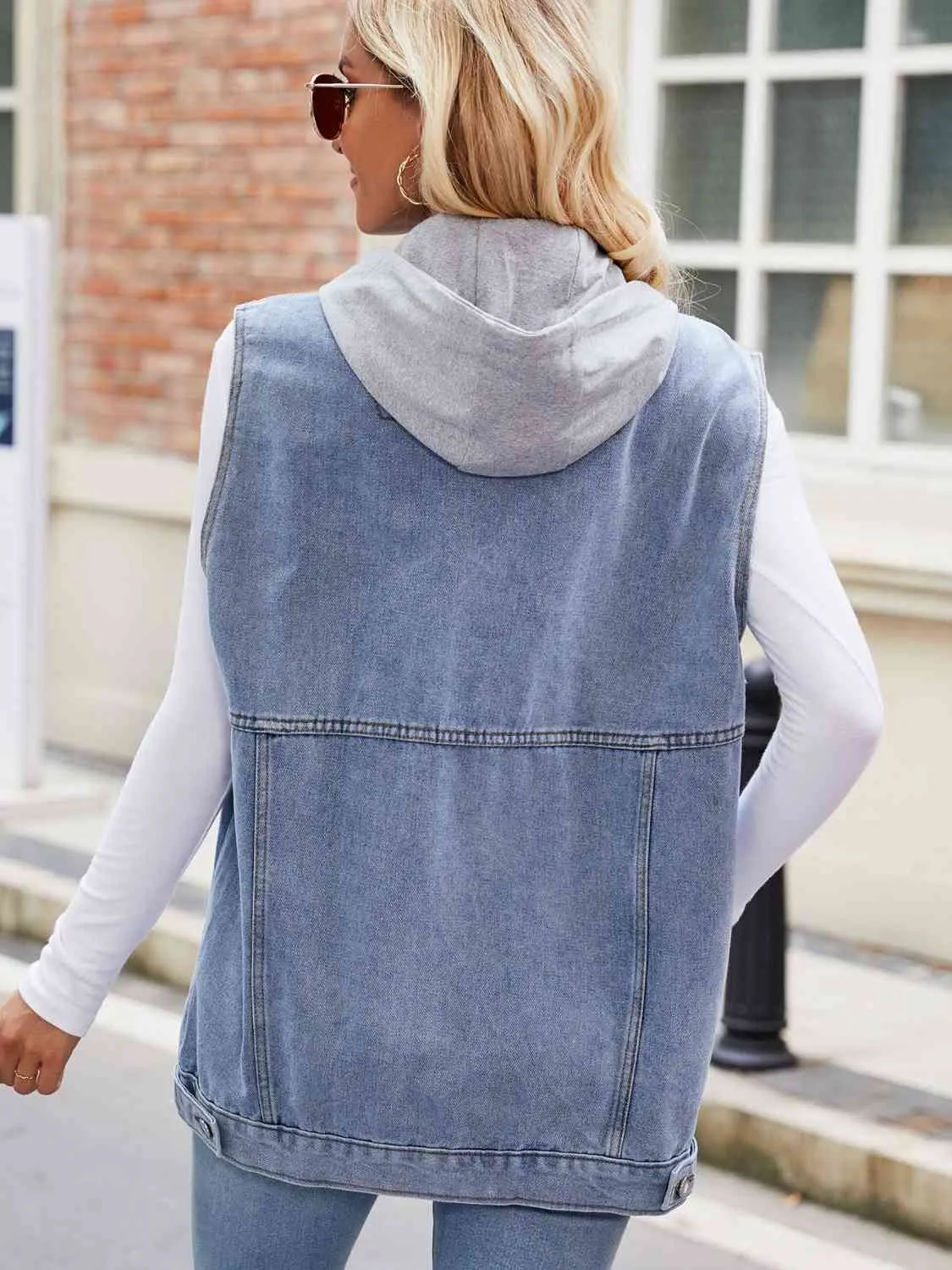 Drawstring Hooded Sleeveless Denim Vest