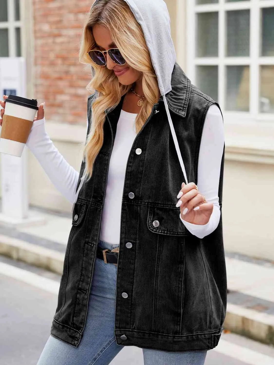 Drawstring Hooded Sleeveless Denim Vest