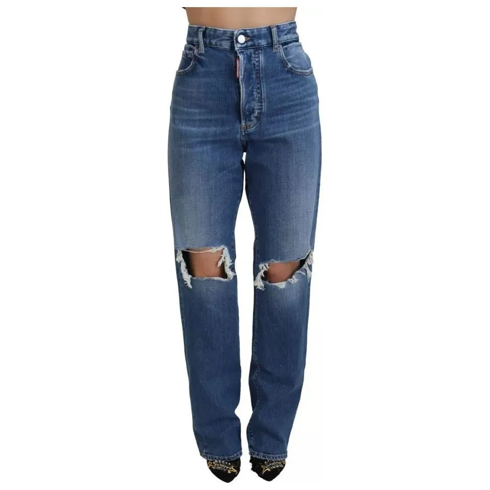 Dsquared² Blue Distressed High Waist Straight Denim Jeans