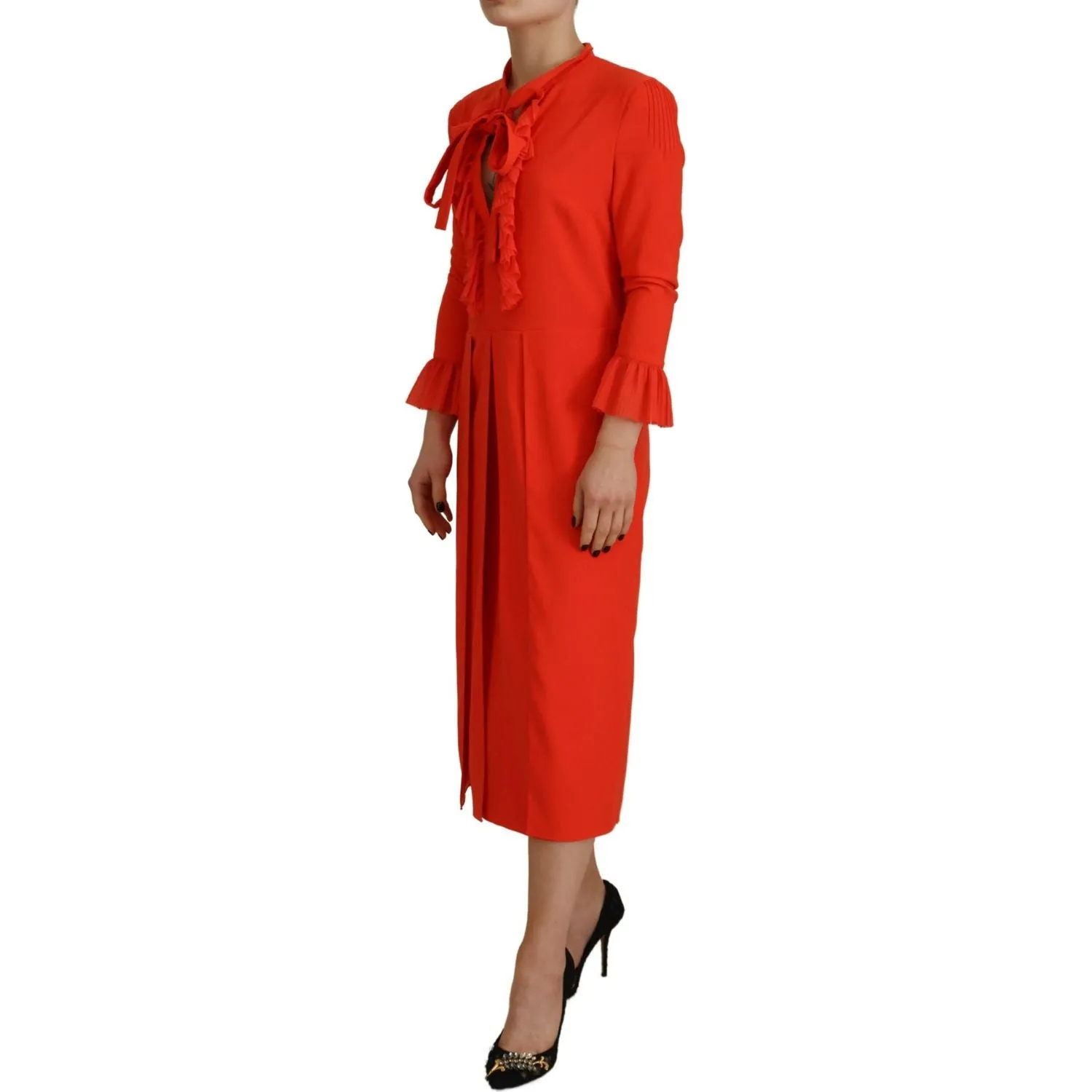 Dsquared² Red Polyester Long Sleeves Pleated Midi Dress