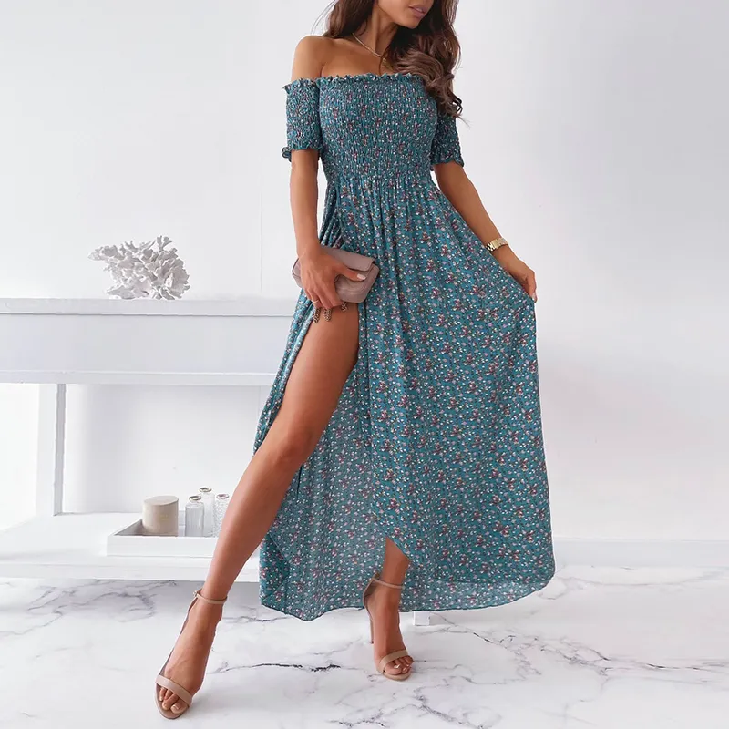 Dunnmall Off the Shoulder Side Slit Maxi Dress