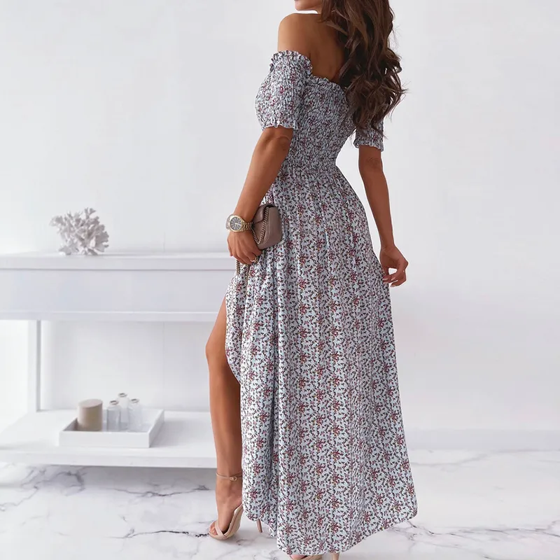 Dunnmall Off the Shoulder Side Slit Maxi Dress