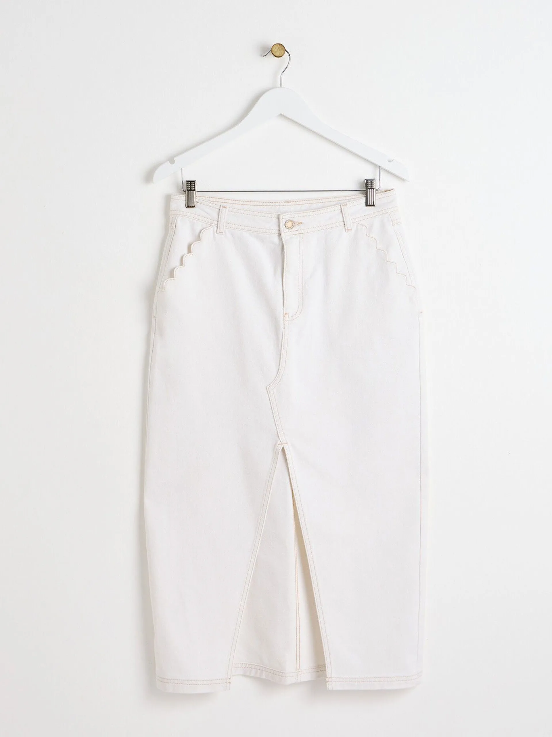 Ecru white contrast stitch midi skirt