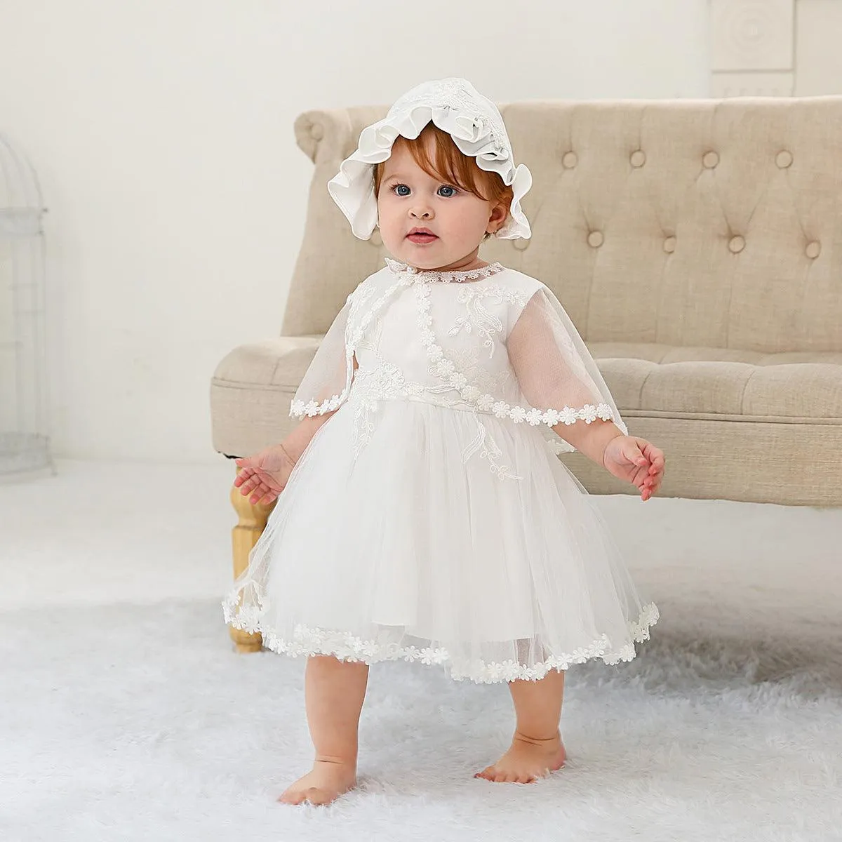 Elegant and fashionable baby dress cute one year old birthday party lace girl princess dress lace shawl hat three piece set