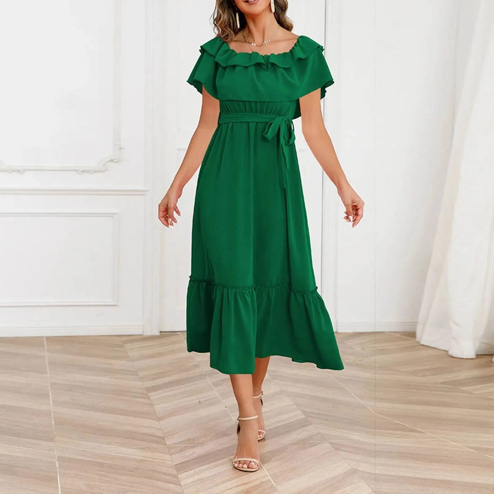 Elegant One Line Neck Off Shoulder Mid Length Fashionable Beach Casual Midi Womens Dress