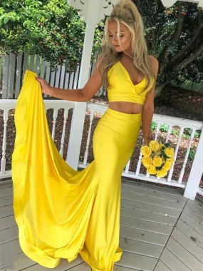 Elegant V Neck Two Pieces Mermaid Yellow Long Prom, 2 Pieces Mermaid Yellow Formal Graduation Evening