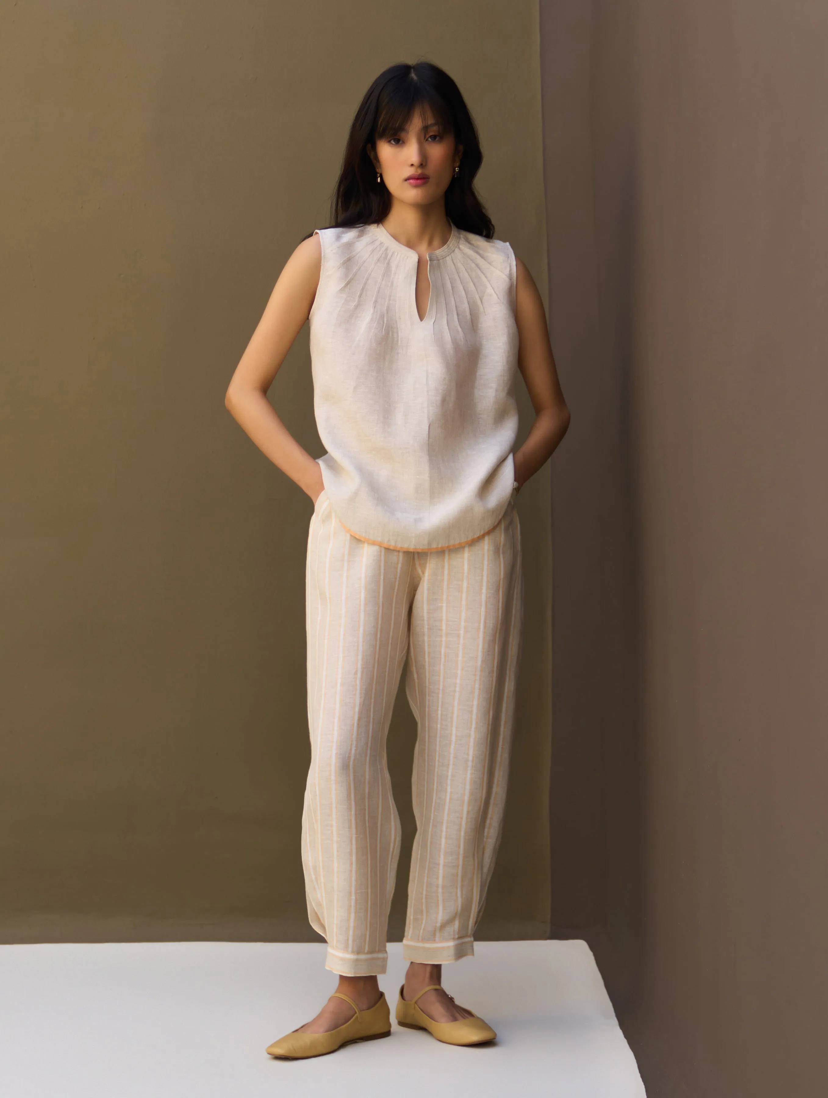 Emi Border Linen Co-ord Set - Natural