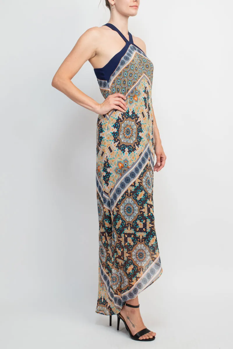 Emma & Michelle Crossed Neck Sleeveless Multi Print High Low Hem Chiffon Maxi Dress