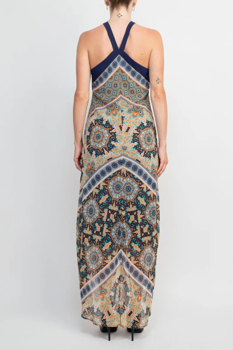 Emma & Michelle Crossed Neck Sleeveless Multi Print High Low Hem Chiffon Maxi Dress