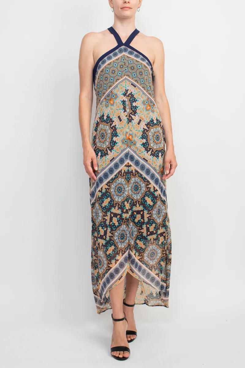 Emma & Michelle Crossed Neck Sleeveless Multi Print High Low Hem Chiffon Maxi Dress