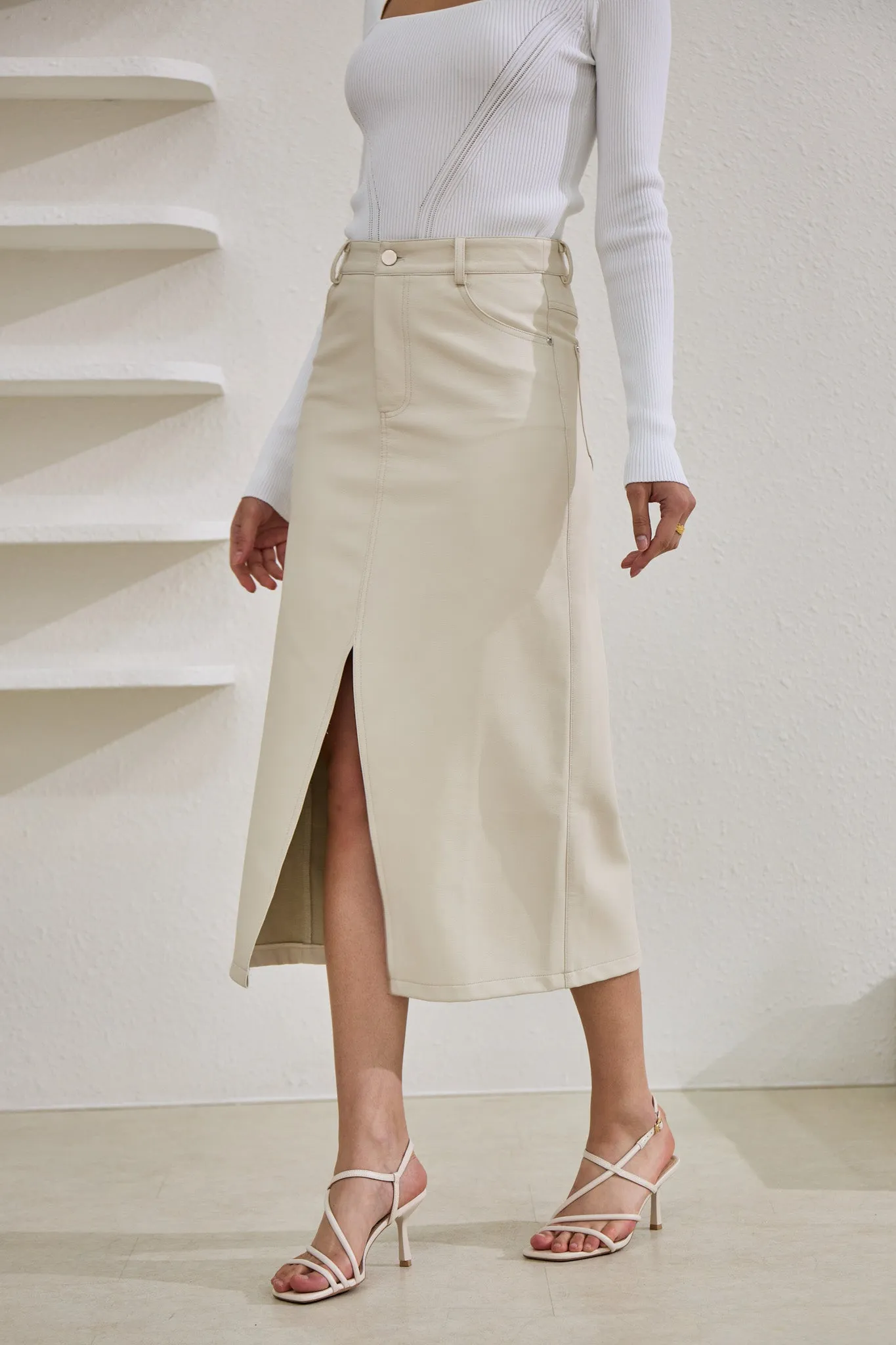 Evan Beige Faux Leather PU Midi Skirt