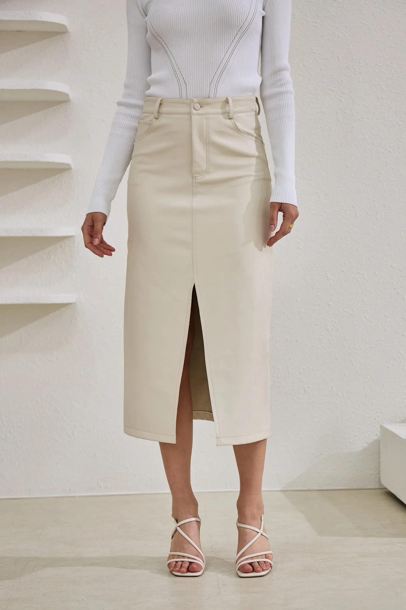 Evan Beige Faux Leather PU Midi Skirt