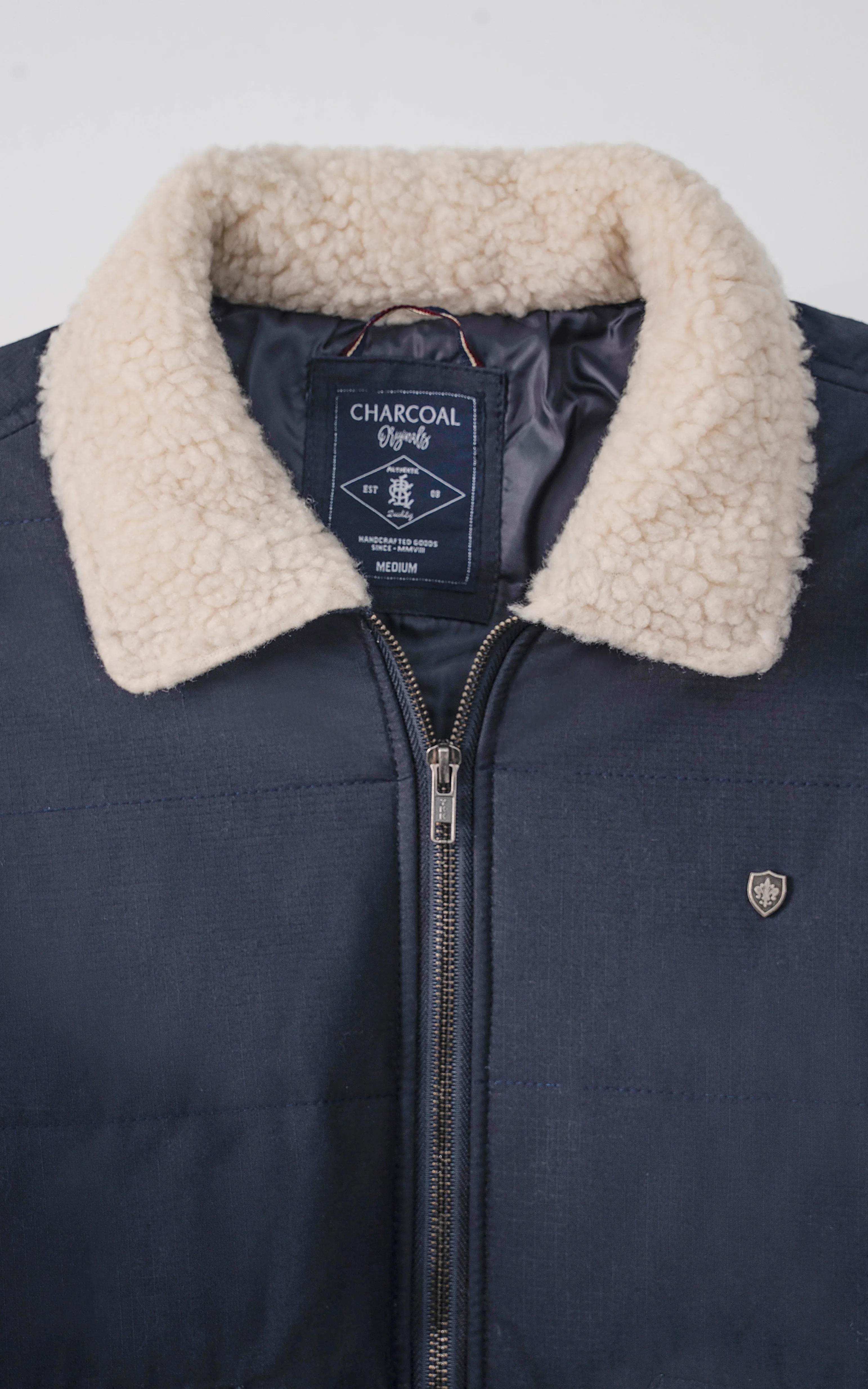 FAUX COLLAR F/S QUILTED JACKET NAVY