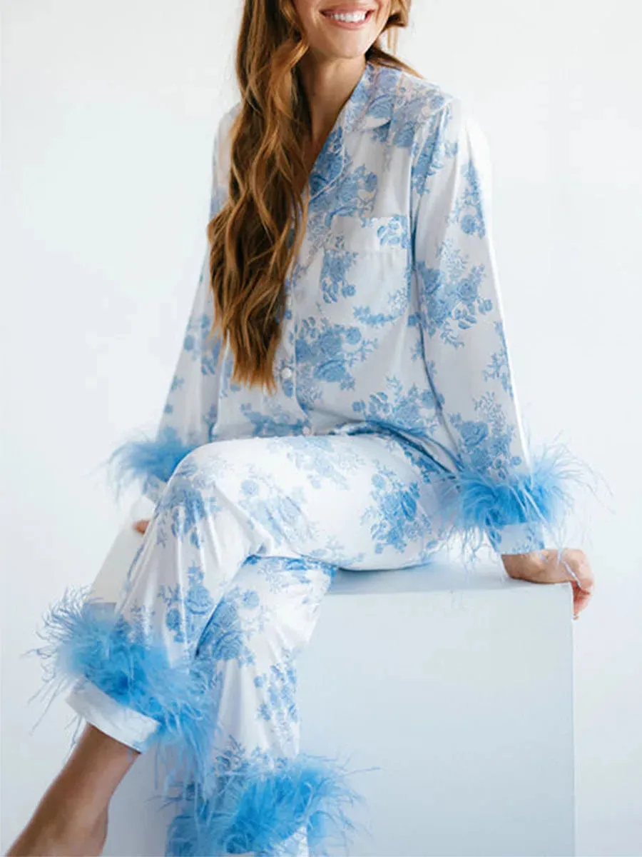 Feather Long Sleeve Button Down Top and Pants Lounge Sleepwear Flower Pajamas