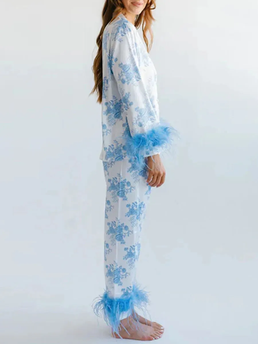 Feather Long Sleeve Button Down Top and Pants Lounge Sleepwear Flower Pajamas