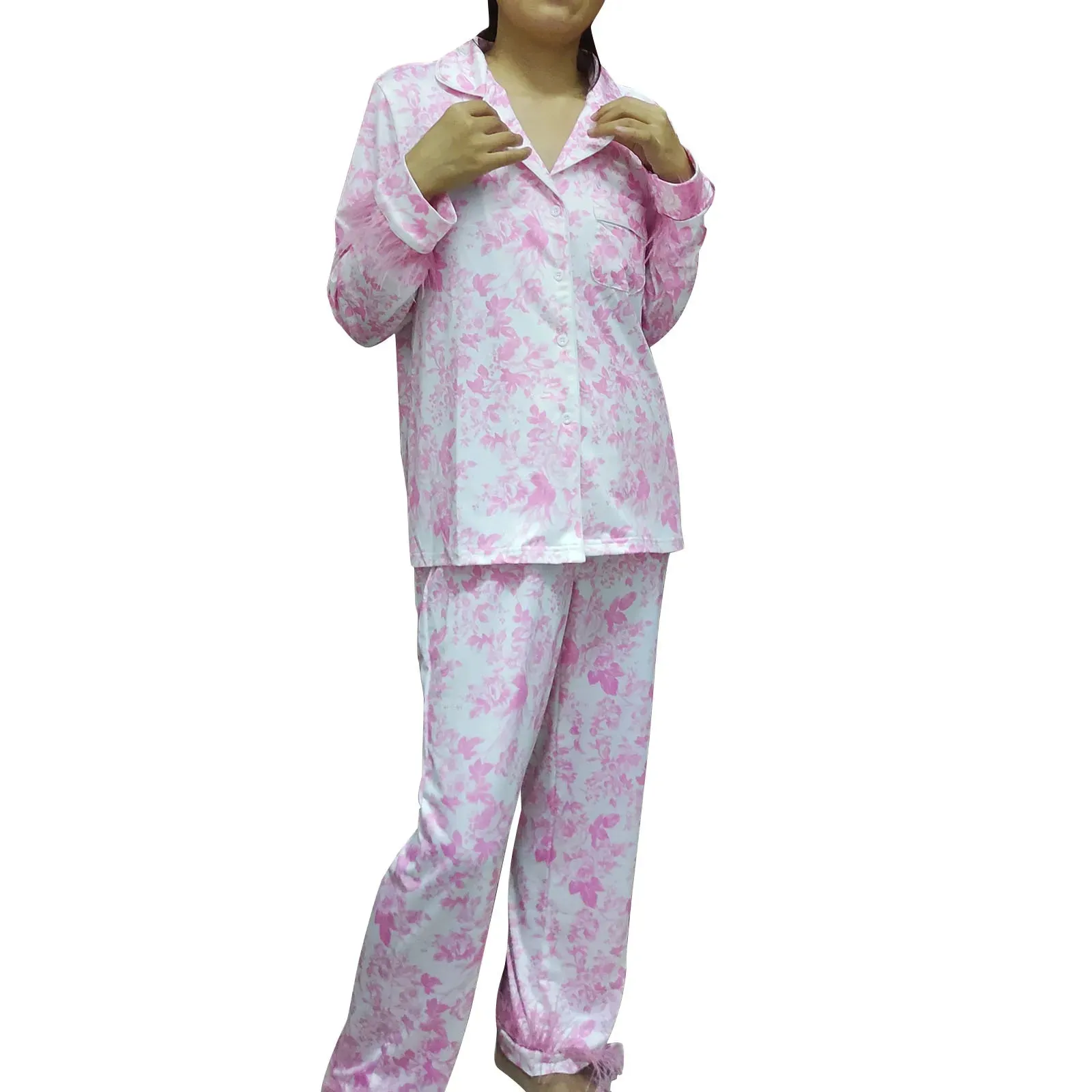 Feather Long Sleeve Button Down Top and Pants Lounge Sleepwear Flower Pajamas