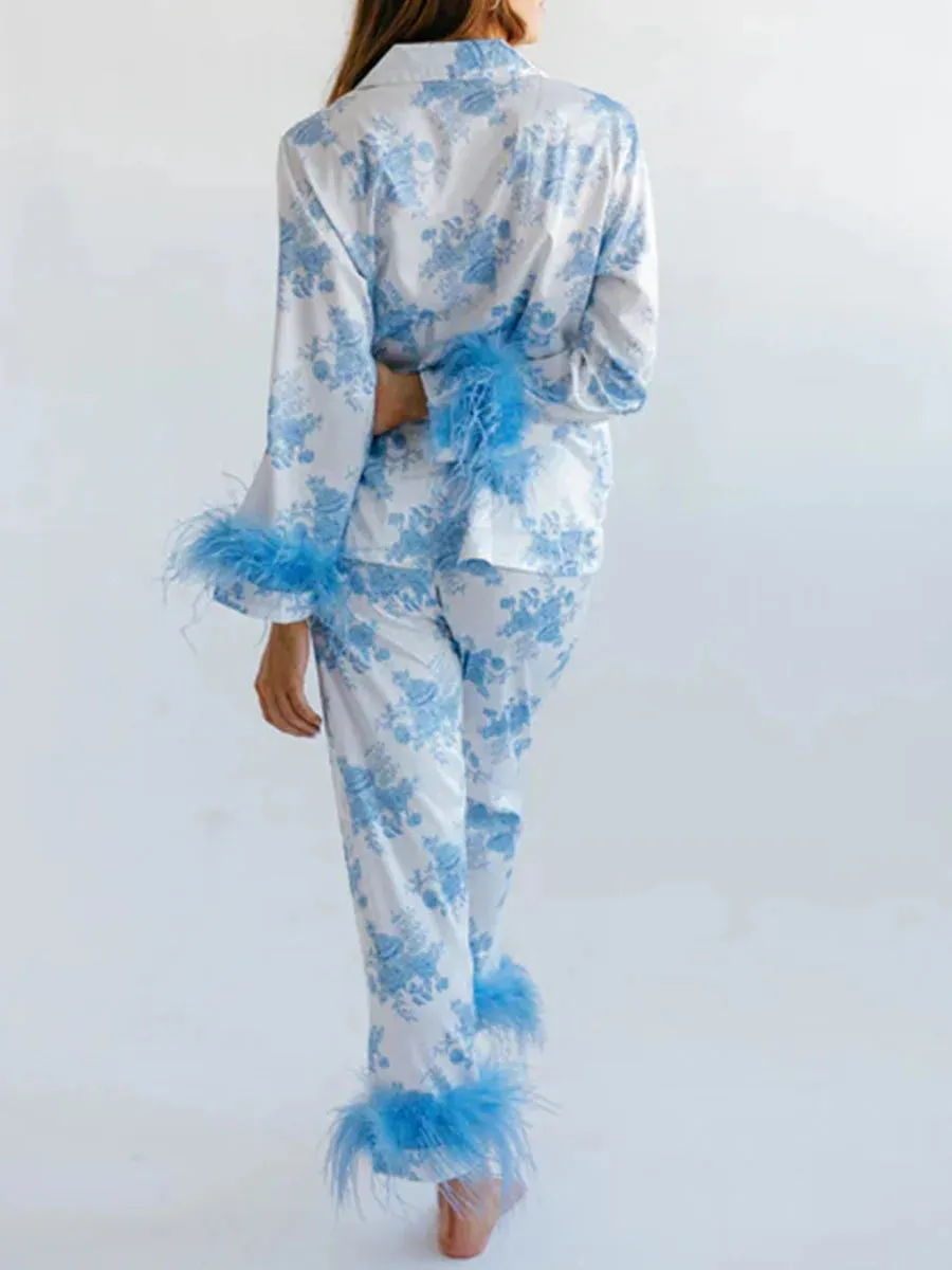 Feather Long Sleeve Button Down Top and Pants Lounge Sleepwear Flower Pajamas