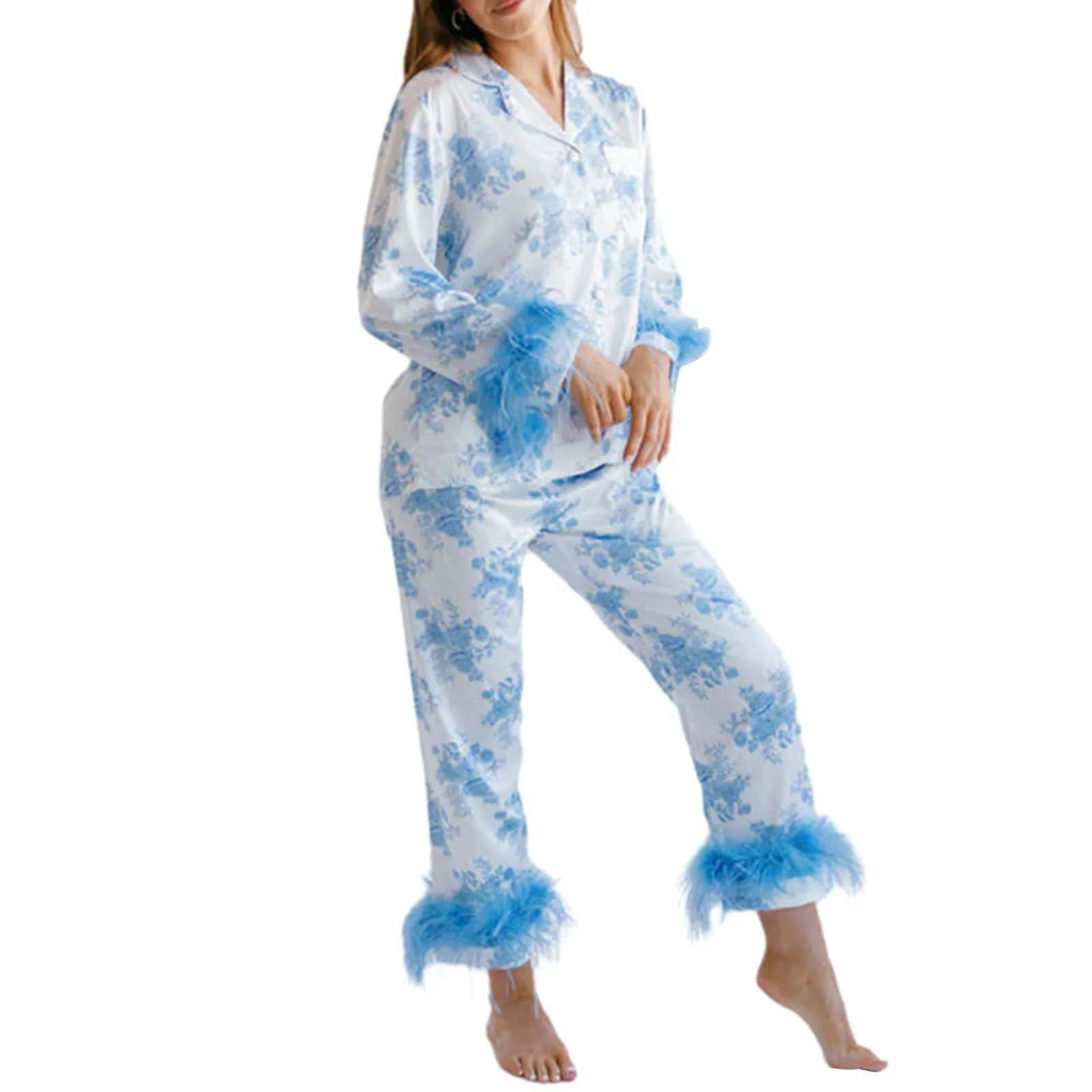 Feather Long Sleeve Button Down Top and Pants Lounge Sleepwear Flower Pajamas