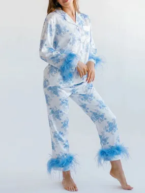 Feather Long Sleeve Button Down Top and Pants Lounge Sleepwear Flower Pajamas