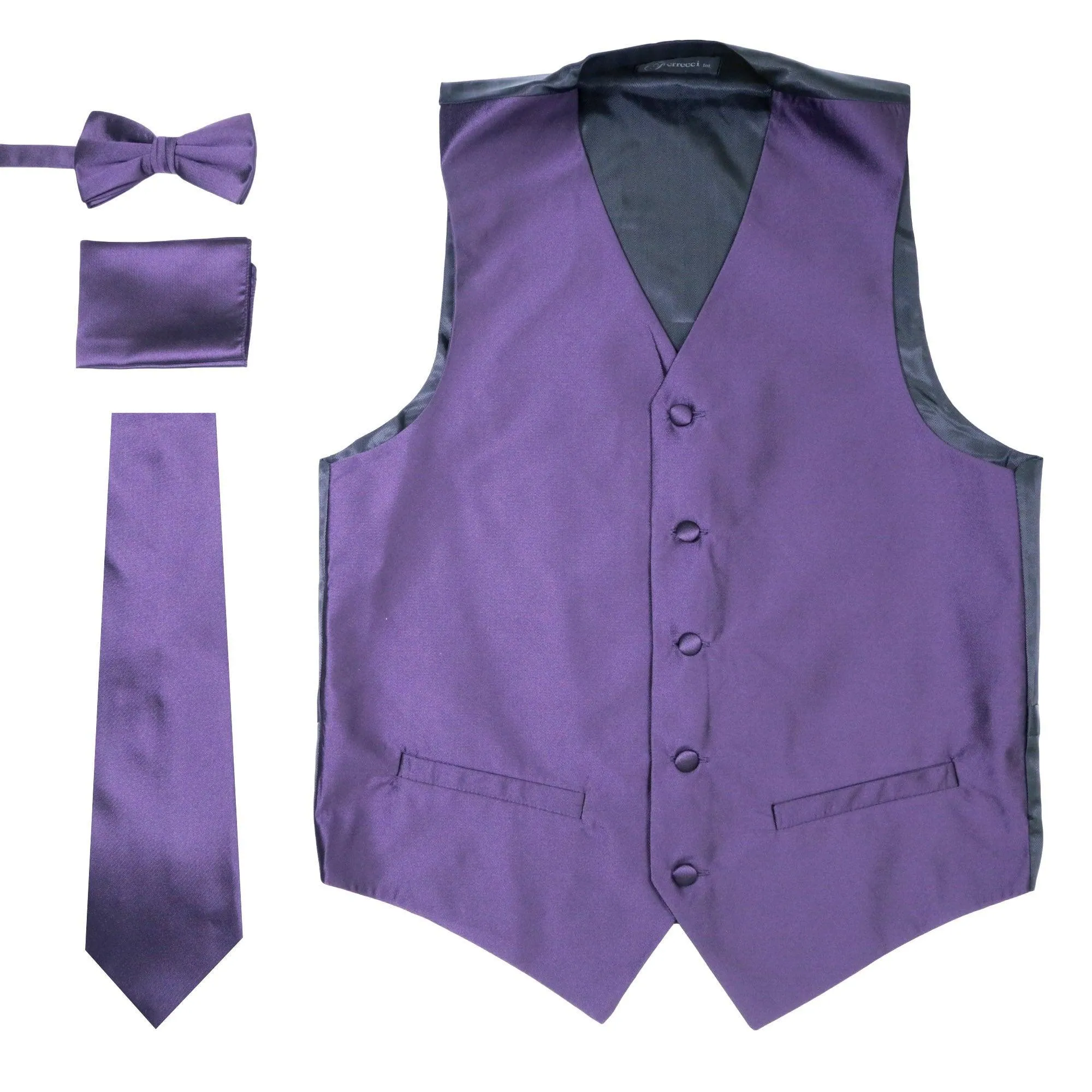 Ferrecci Mens Solid Dark Purple Wedding Prom Grad Choir Band 4pc Vest Set