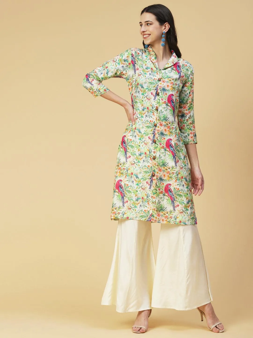 Floral & Bird Printed Kurta With Palazzo - Multi