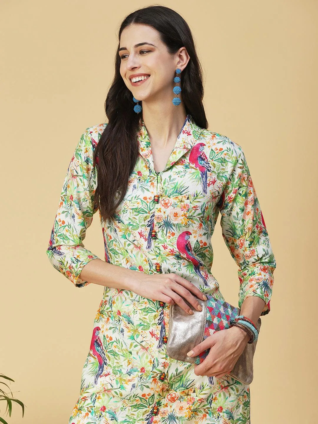 Floral & Bird Printed Kurta With Palazzo - Multi