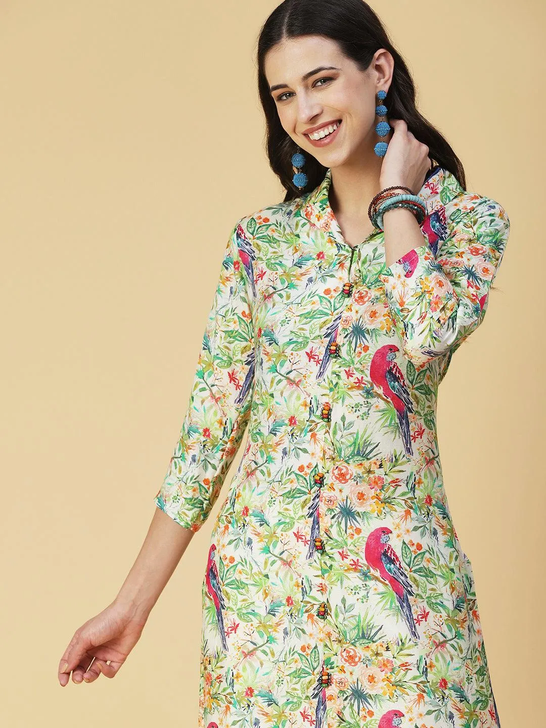 Floral & Bird Printed Kurta With Palazzo - Multi