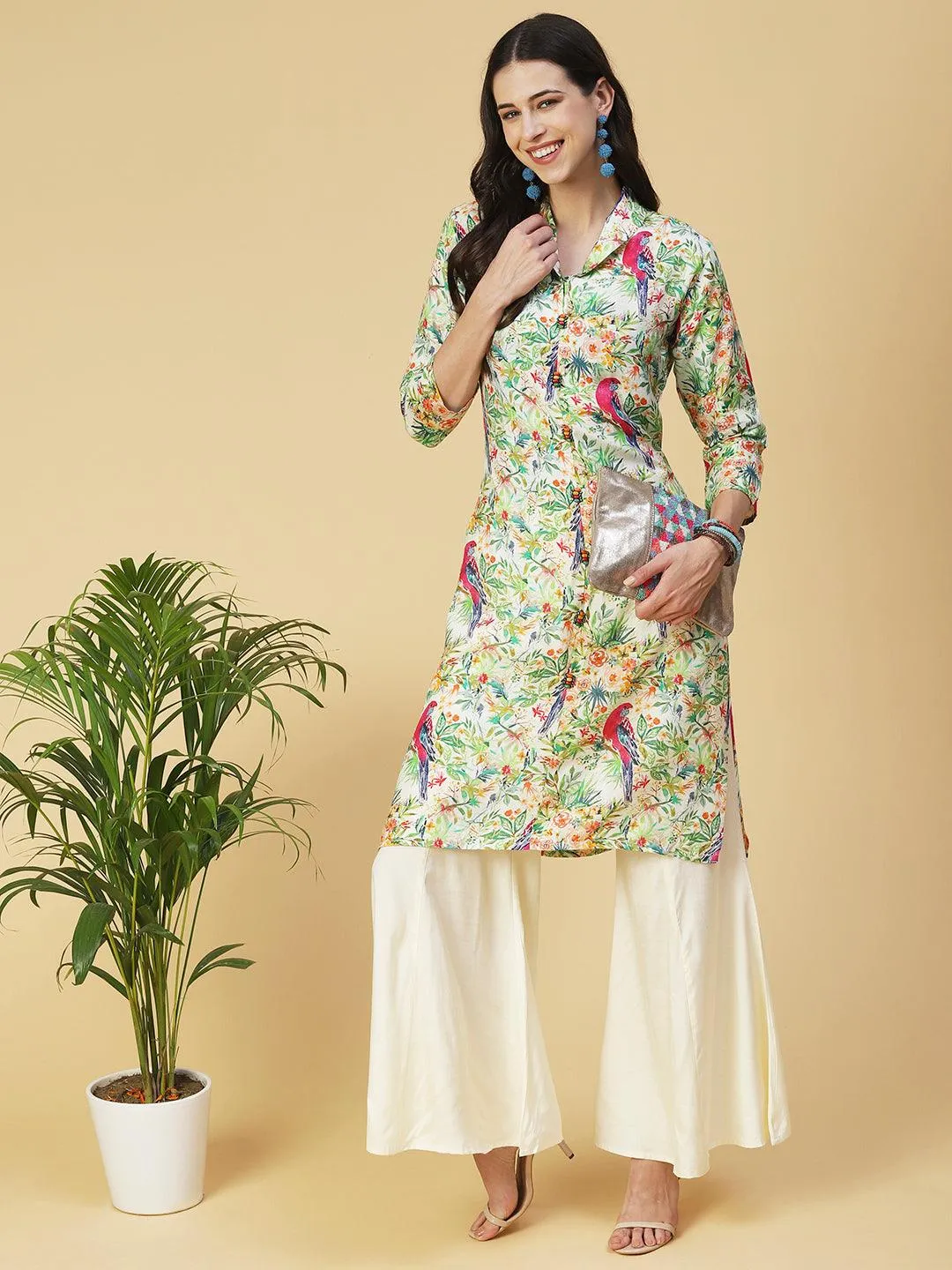 Floral & Bird Printed Kurta With Palazzo - Multi