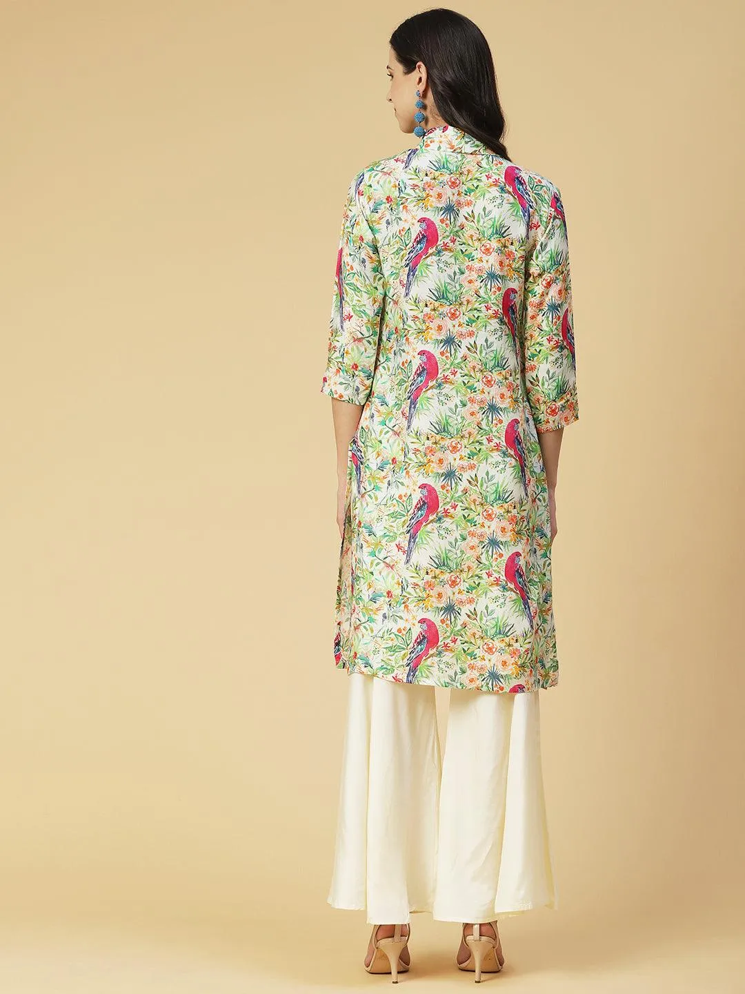 Floral & Bird Printed Kurta With Palazzo - Multi