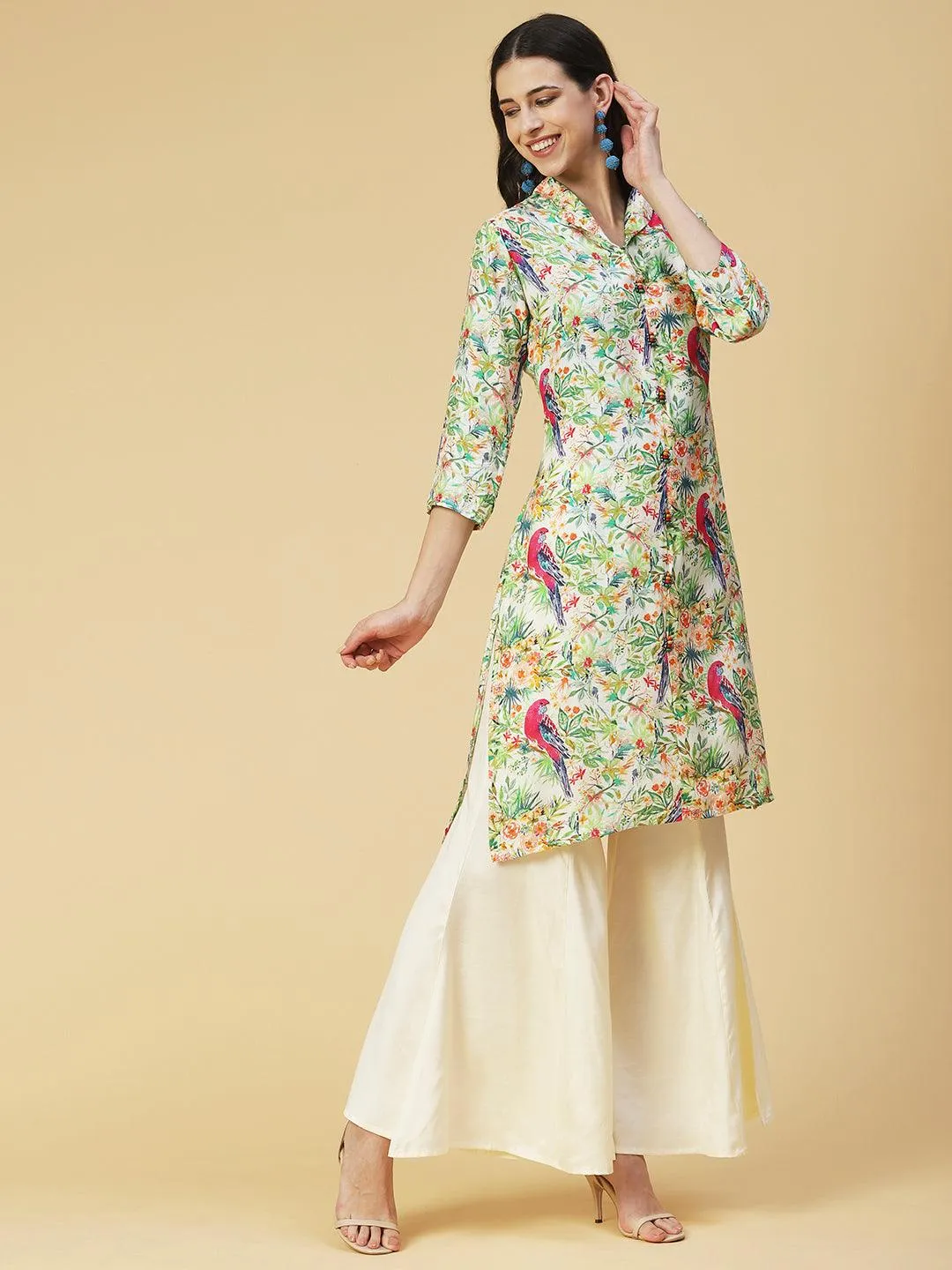 Floral & Bird Printed Kurta With Palazzo - Multi