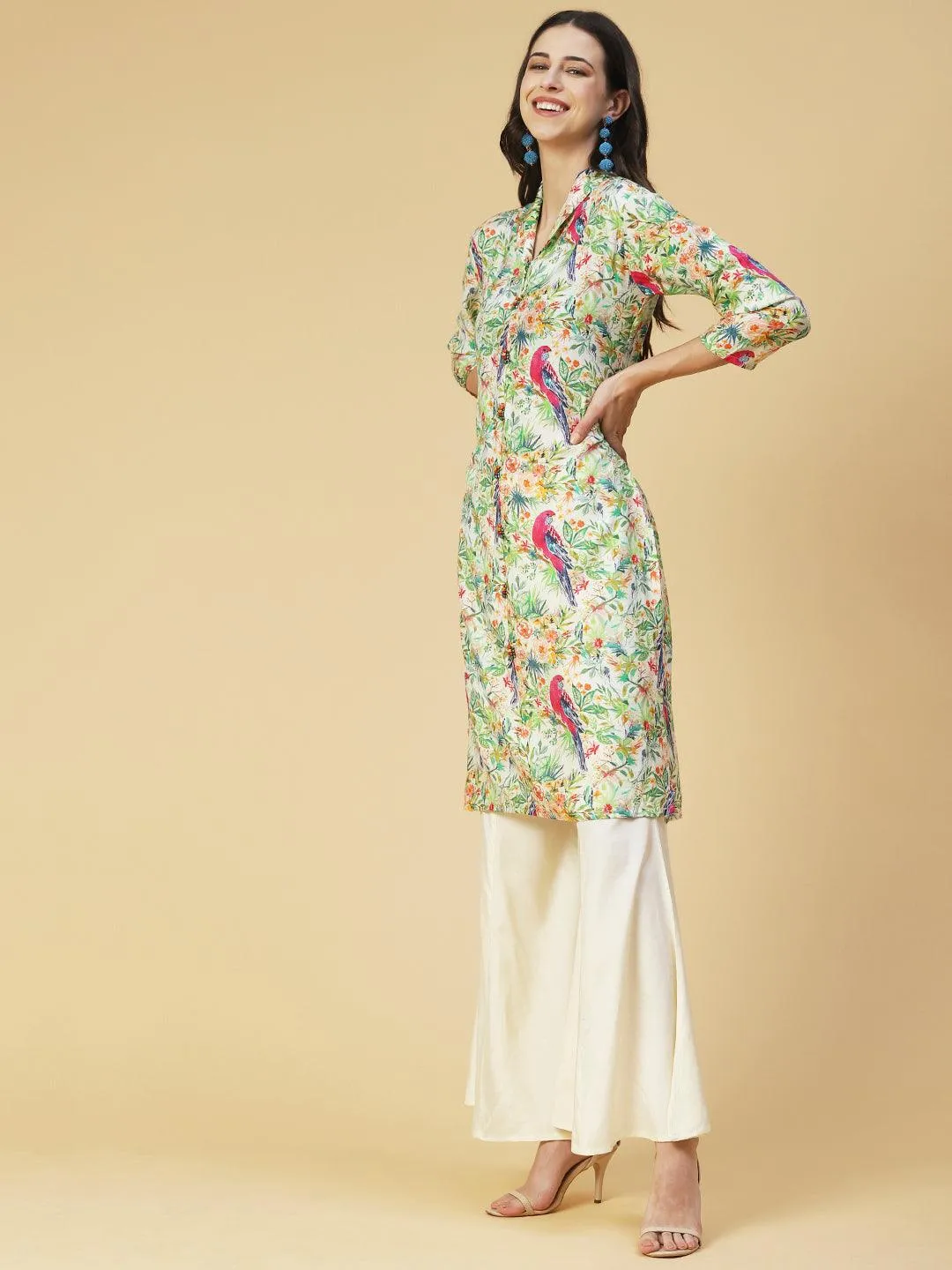 Floral & Bird Printed Kurta With Palazzo - Multi