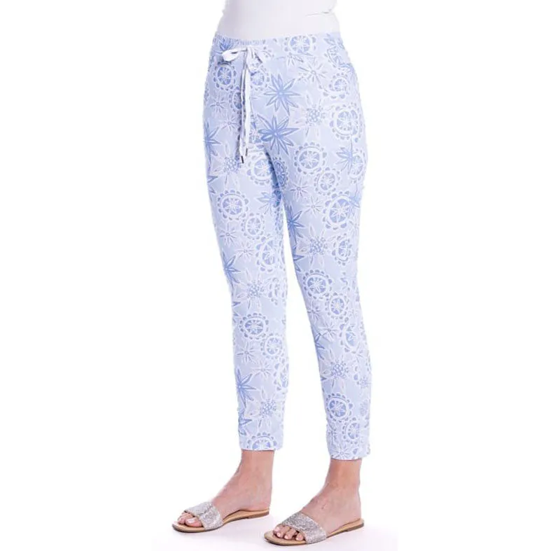 Floral Printed Pants With Drawstring - Blue Summer