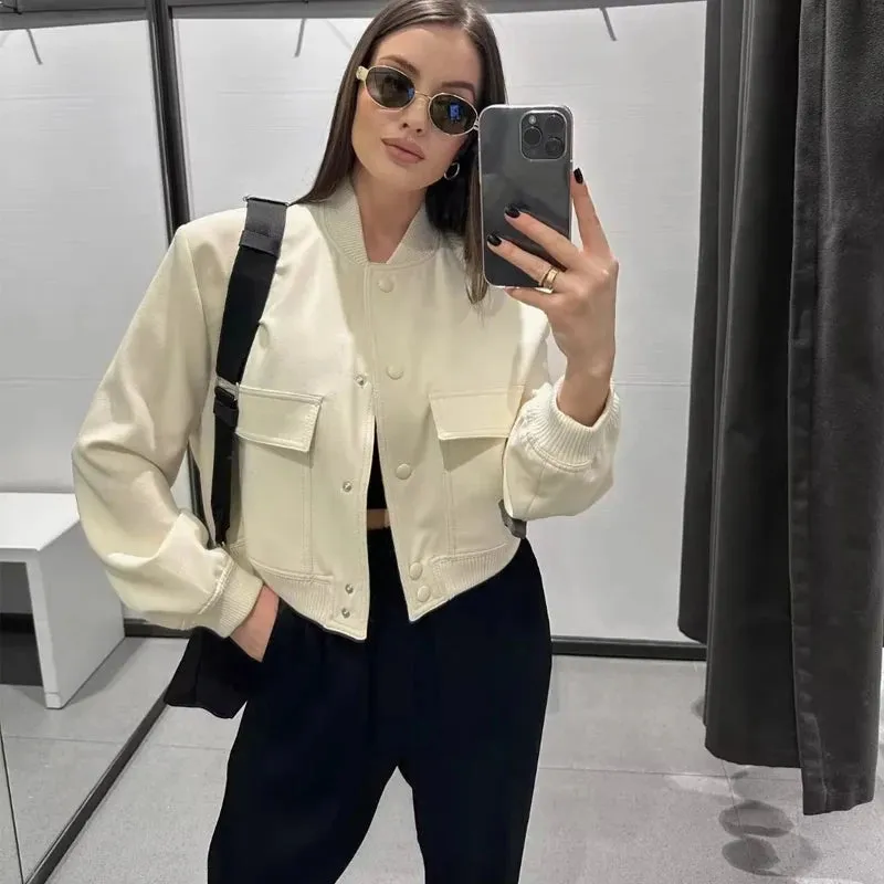 Flytonn-Fall Outfits Women TRAF Woman Bomber Jacket Coat White Autumn Winter Button Baseball Aviator Cropped Jackets for Women Long Sleeve Crop Outerwear