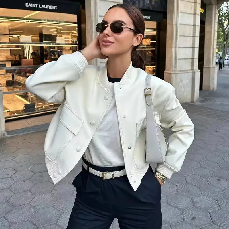 Flytonn-Fall Outfits Women TRAF Woman Bomber Jacket Coat White Autumn Winter Button Baseball Aviator Cropped Jackets for Women Long Sleeve Crop Outerwear