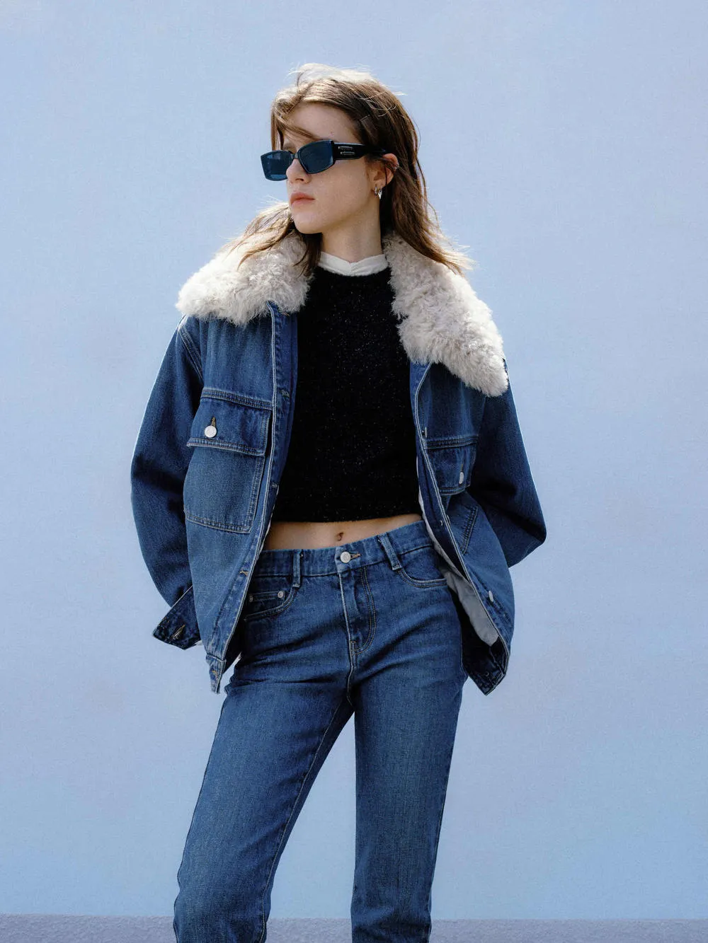 Fuzzy Collar Denim Jacket