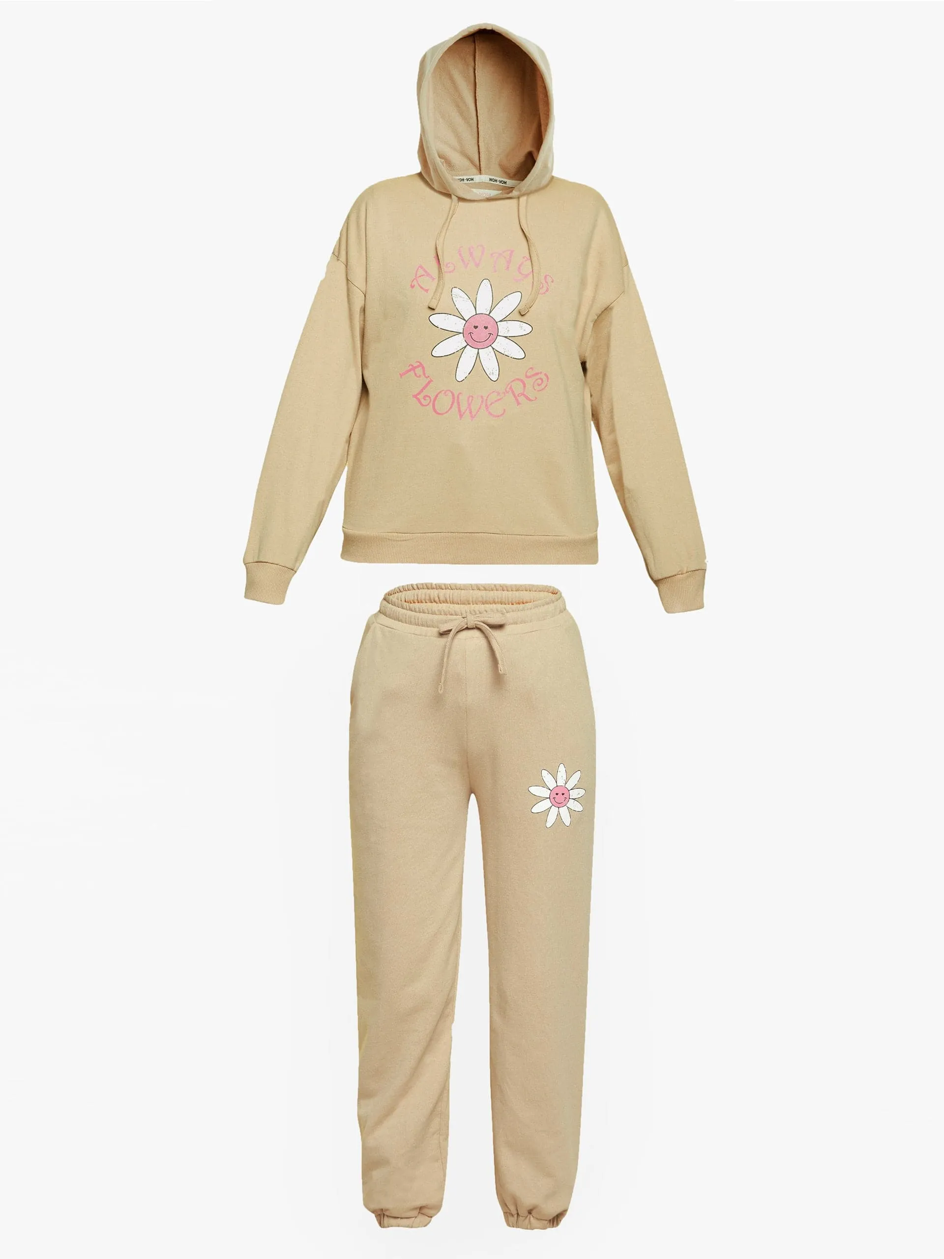 Girls Beige Flowers Print Terry Hoodie With Joggers