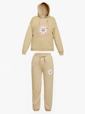 Girls Beige Flowers Print Terry Hoodie With Joggers