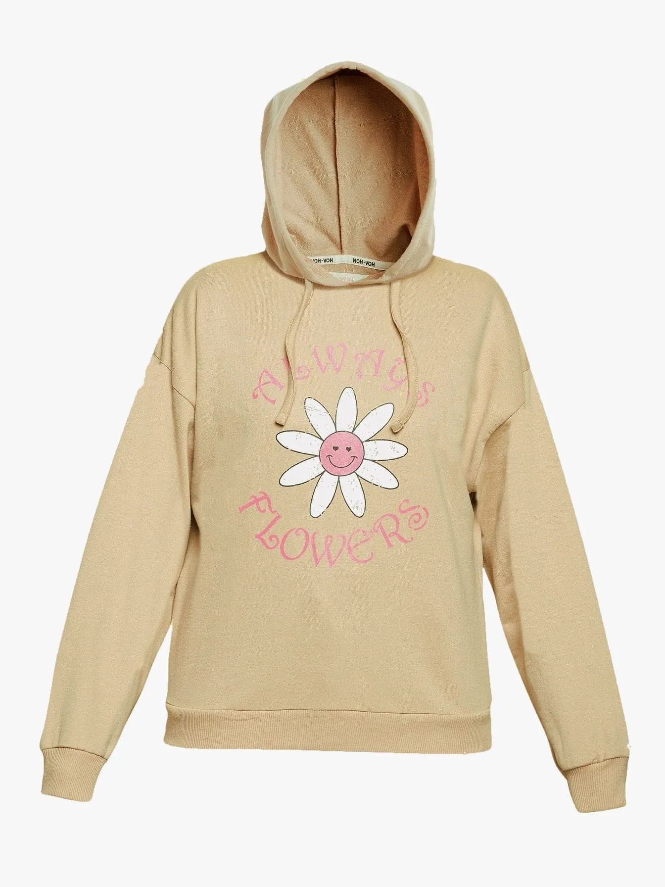 Girls Beige Flowers Print Terry Hoodie With Joggers