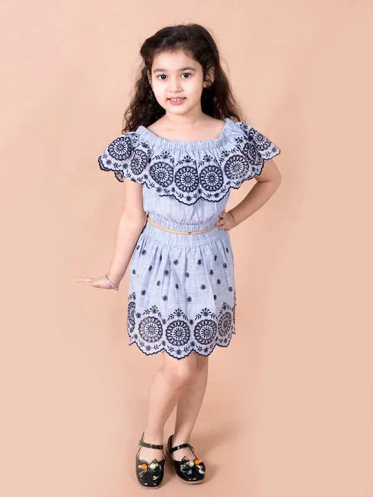 Girls Blue Black Embroidered Top With Skirt - Ps Peaches