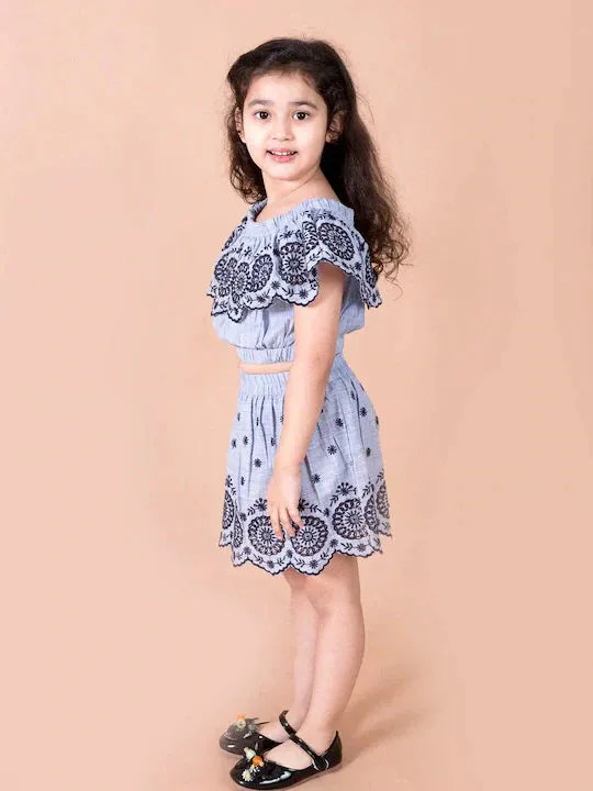 Girls Blue Black Embroidered Top With Skirt - Ps Peaches